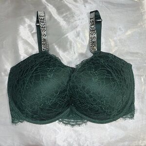 VS Deep Green Lace Push Up Bra with bedazzled straps